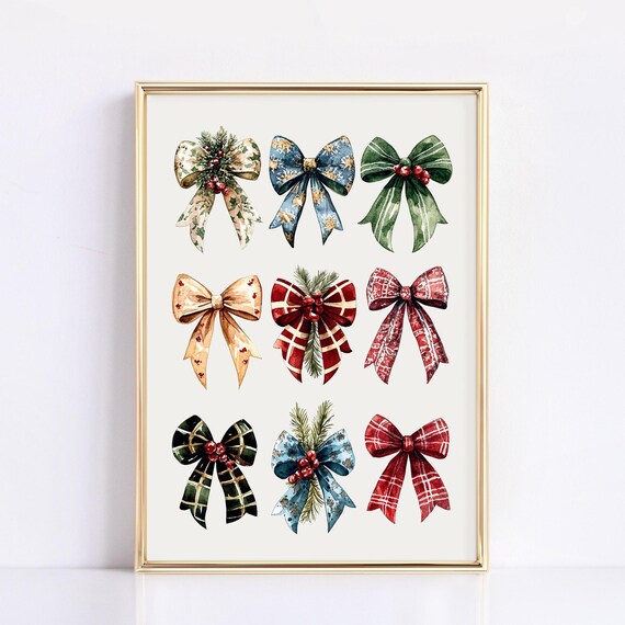 Christmas Coquette Bow Print Coquette Holiday Decor Green Red Ribbons Wall Art Trendy Holiday Wall Art Cute Christmas Wall Decor