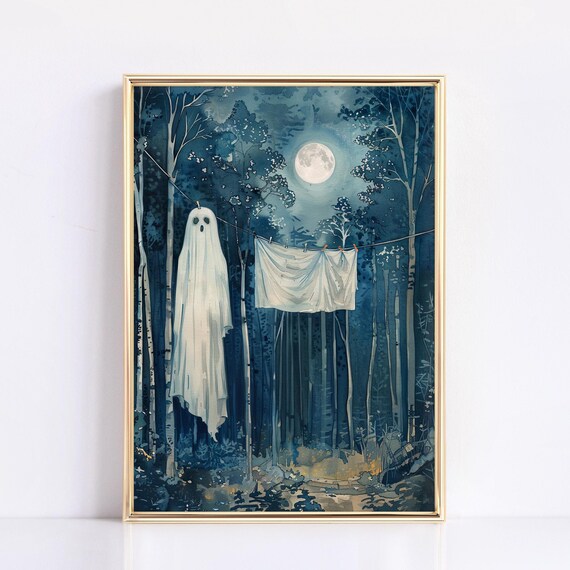 Cute Ghost Laundry Line Painting Moonlit Blue Forest Halloween Poster