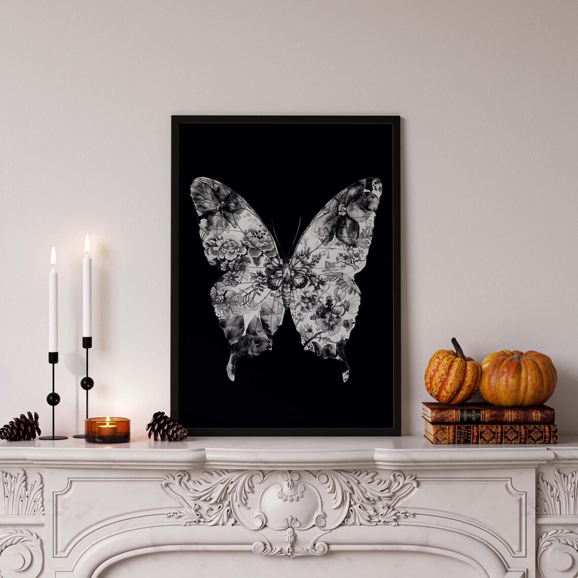 Black Butterfly Floral Watercolor Painting Dark Botanical Whimsigoth Poster