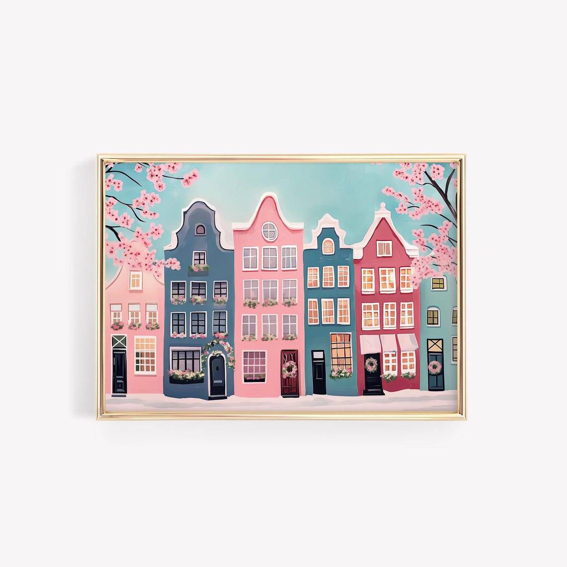 Bright Colorful Dutch Canal Houses with Cherry Blossoms Row Poster