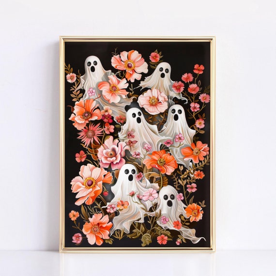 Ghosts Painting Ghosts In Flowers Halloween Painting Vintage Aesthetic Spooky Decor Whimsigoth Decor Moody Wall Art Dark Academia Print