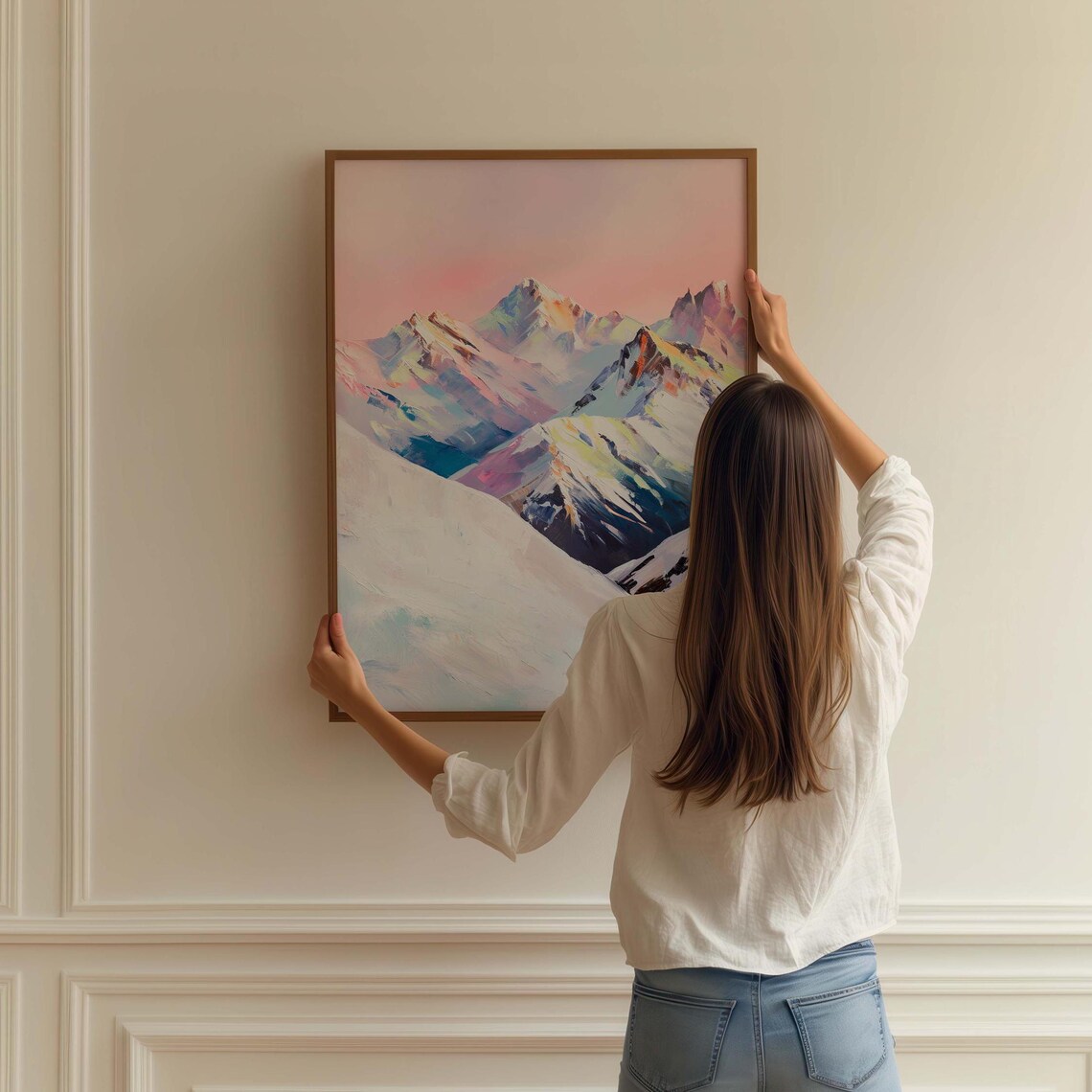 Pastel Pink Mountain Peaks Oil Painting Dreamy Snowy Landscape Poster - Image 2