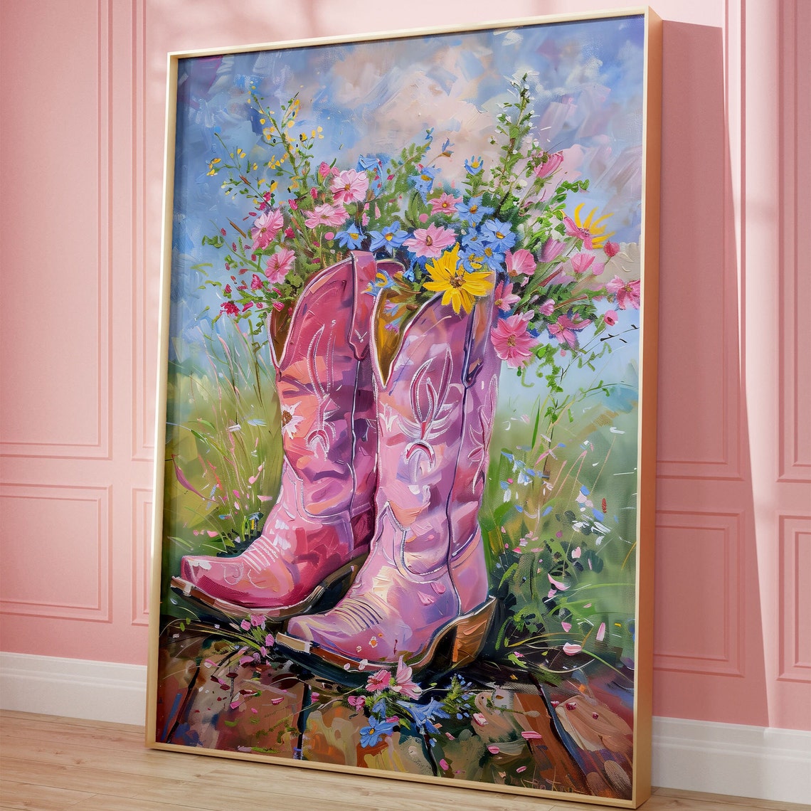 Pink Cowboy Boots Wildflower Bouquet Western Painting Poster
