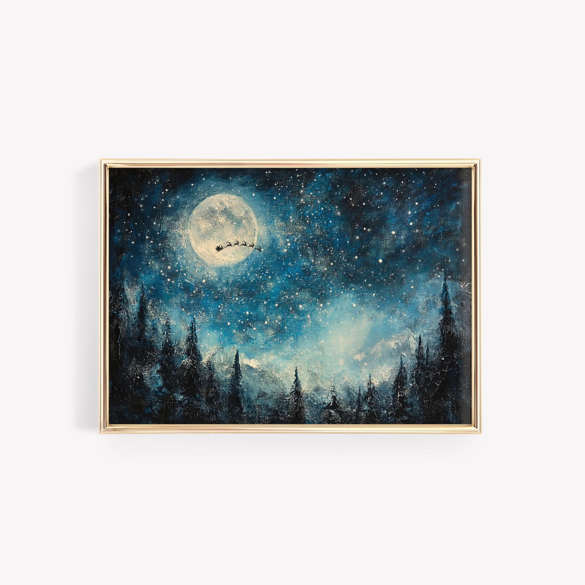 Santa Sleigh Flying Past Full Moon Starry Night Christmas Poster