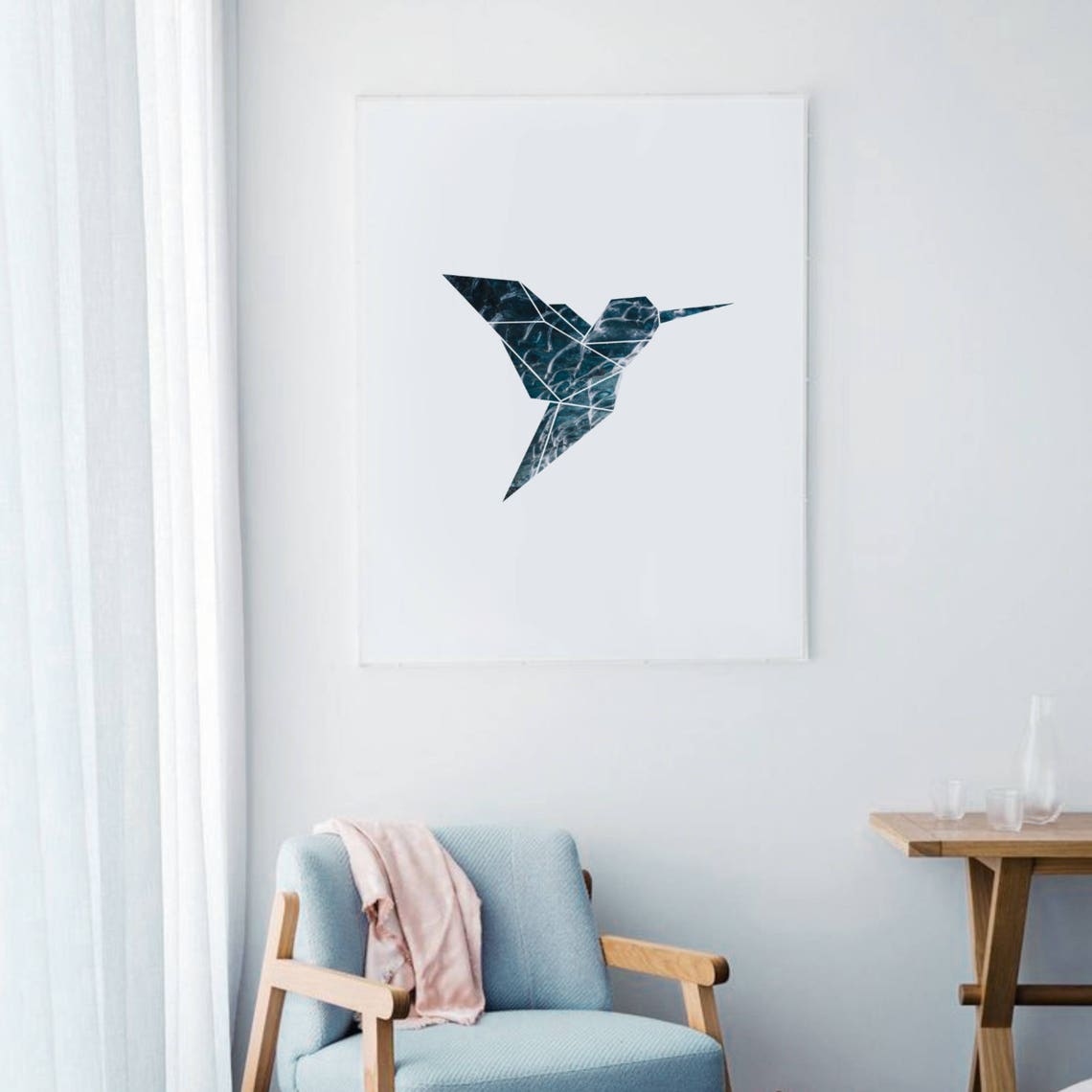 Blue Geometric Bold Origami Hummingbird Marble Texture Art Print - Image 3