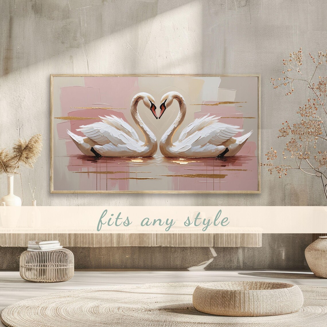 White Swans Heart Necks Romantic Pink Floral Painting Poster - Image 3