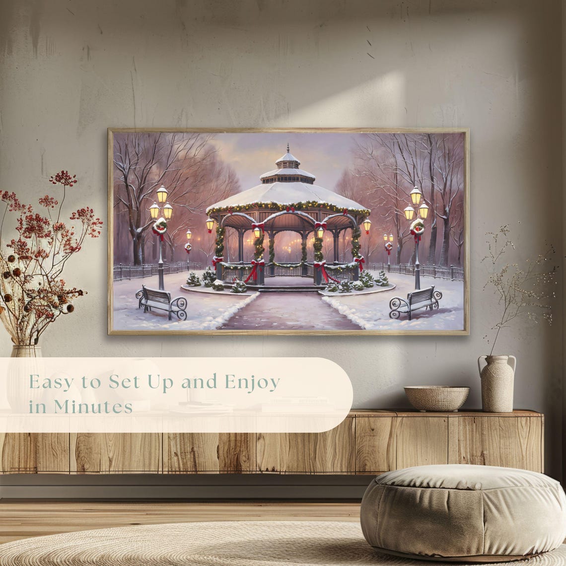 Snow Covered Victorian Park Gazebo Christmas Eve Night Scene Poster - Image 5