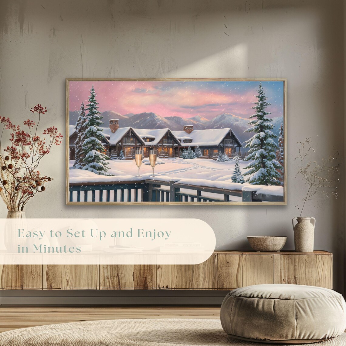 Snowy Mountain Lodge Champagne Glasses Winter Holiday Dusk Poster - Image 5