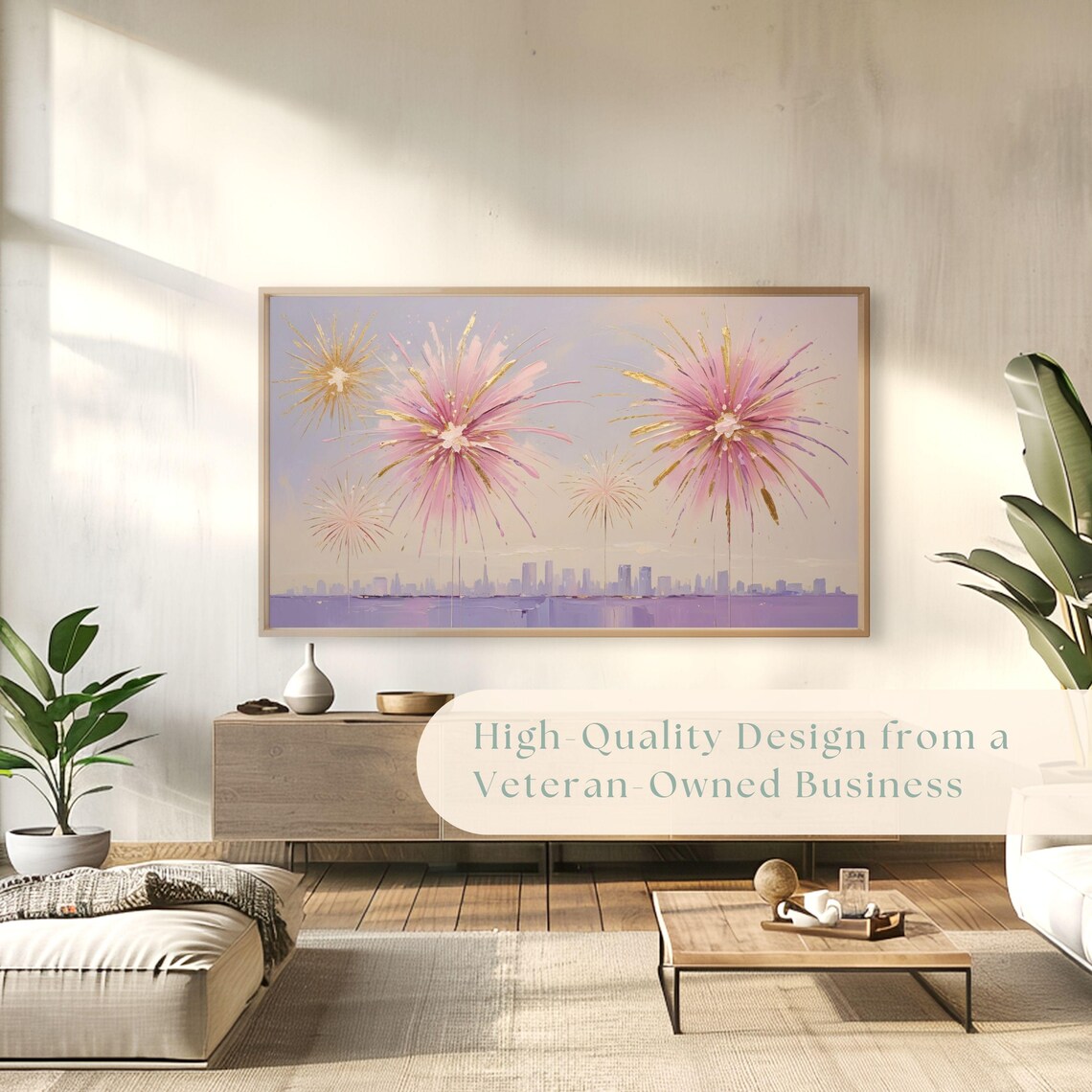 Pink Gold Fireworks City Skyline Celebration Painting Poster - Image 4