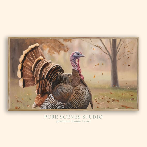 Wild Turkey Close Up in Autumn Woods Vintage Thanksgiving Wall Art