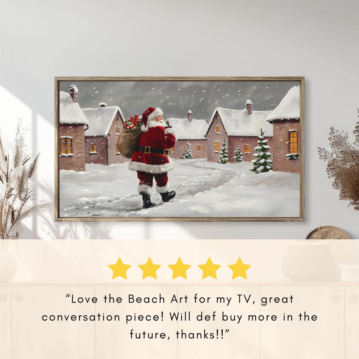 Santa Claus Walking Snowy Village Street with Gift Sack Poster - Image 2