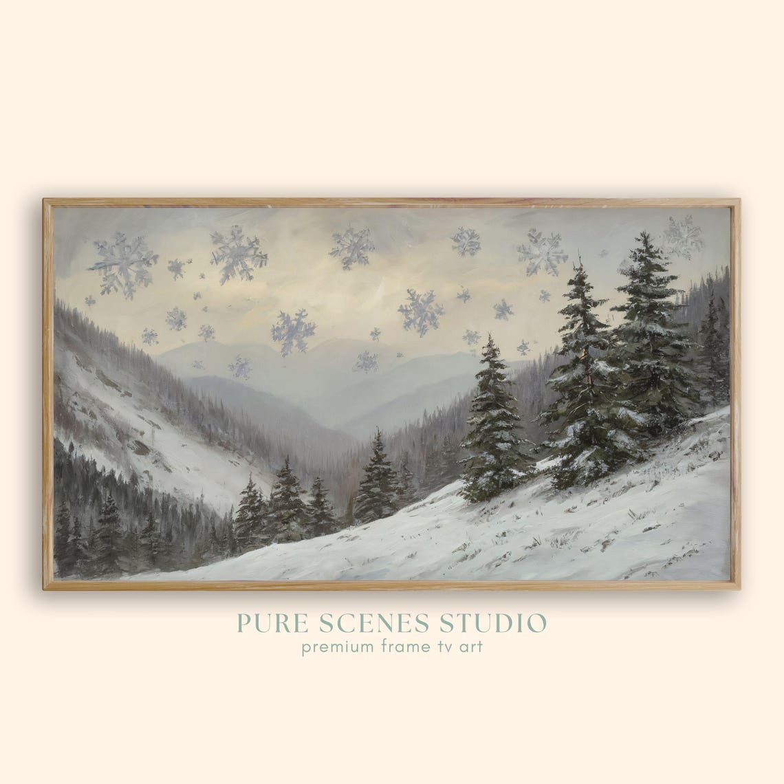 Snowy Mountain Valley Evergreens Giant Snowflakes Whimsical Sky Poster