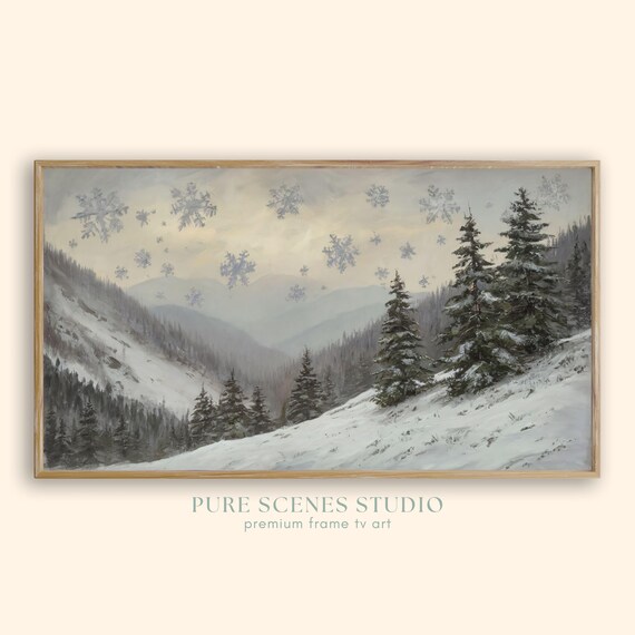 Snowy Mountain Valley Evergreens Giant Snowflakes Whimsical Sky Poster
