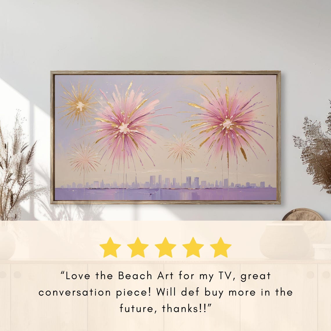 Pink Gold Fireworks City Skyline Celebration Painting Poster - Image 2