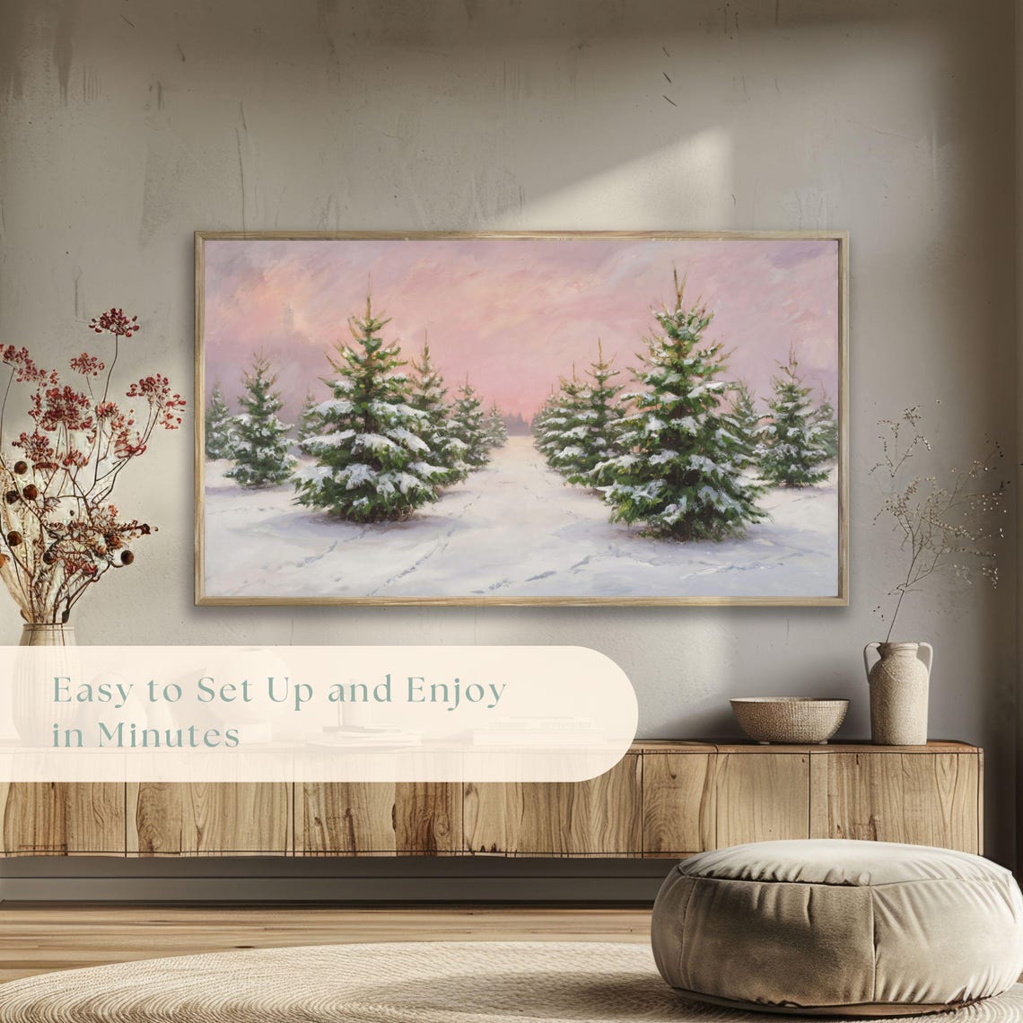Snowy Christmas Tree Farm Rows Under Pink Sunset Winter Evening Poster - Image 5