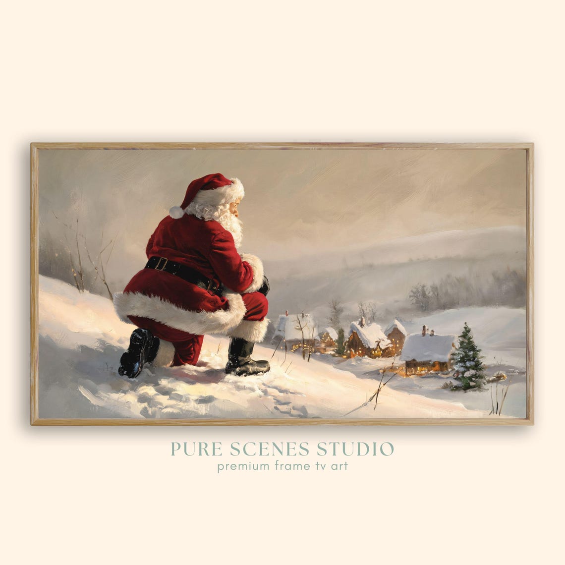 Santa Claus Overlooking Snowy Village Nostalgic Christmas Poster