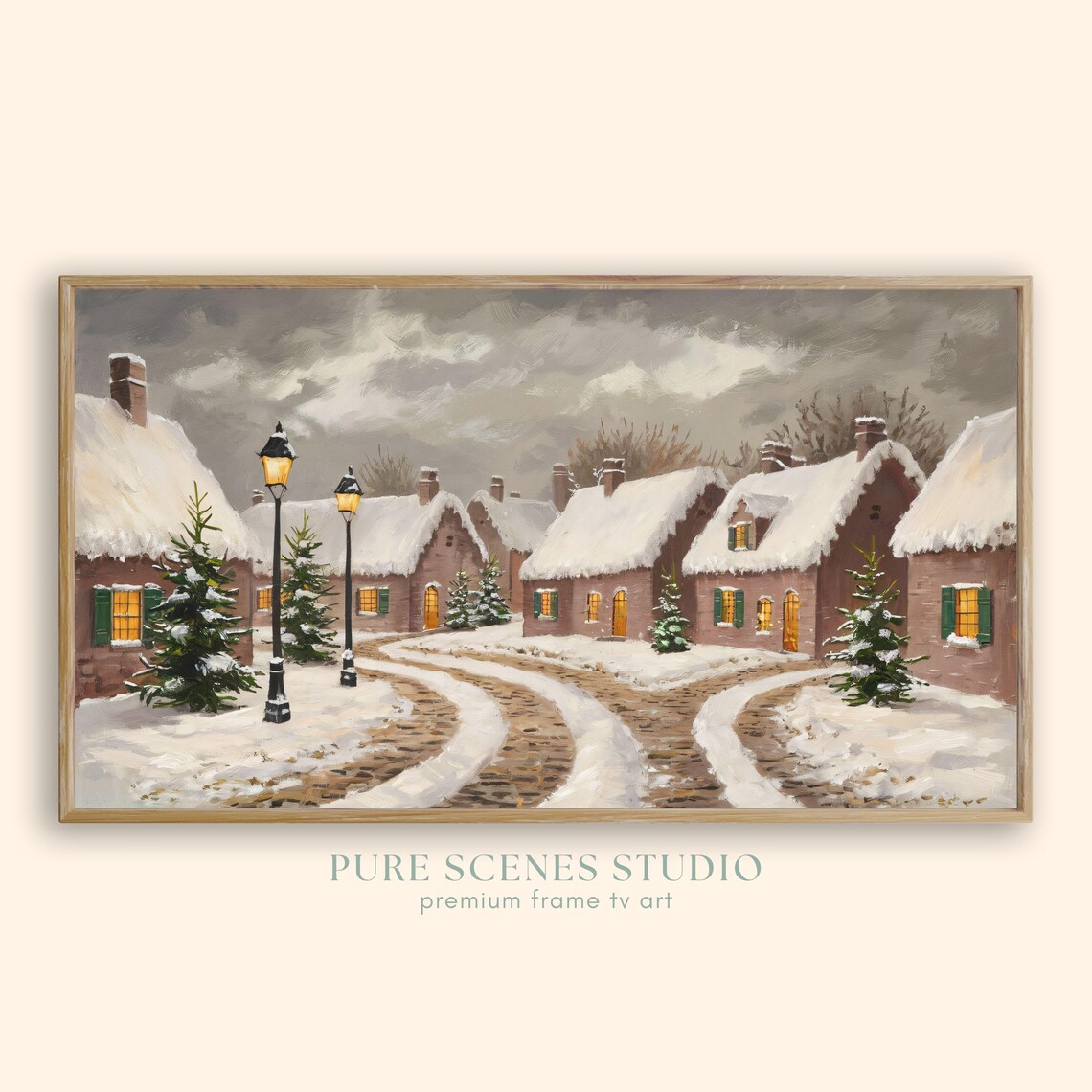 Snowy Village Winter Scene with Glowing Lamps Vintage Landscape Poster