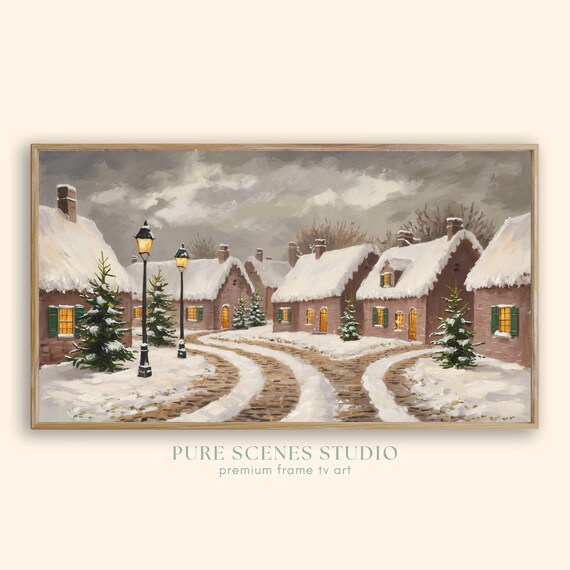 Snowy Village Winter Scene with Glowing Lamps Vintage Landscape Poster