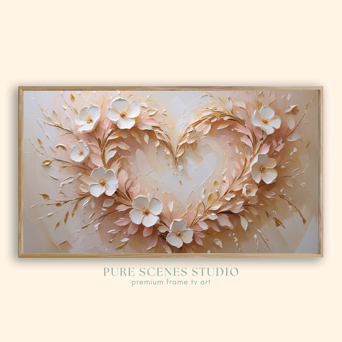 White Floral Heart Wreath Gold Impasto Romantic Painting Poster