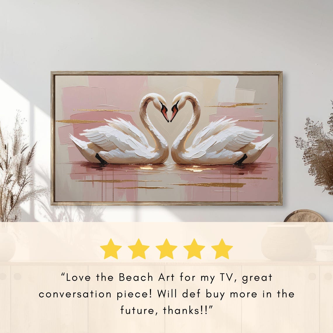 White Swans Heart Necks Romantic Pink Floral Painting Poster - Image 2
