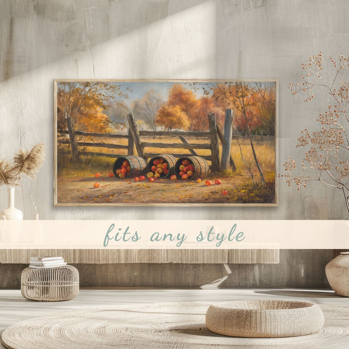 Apple Barrels Resting by Rustic Wooden Fence Autumn Farm Poster - Image 3