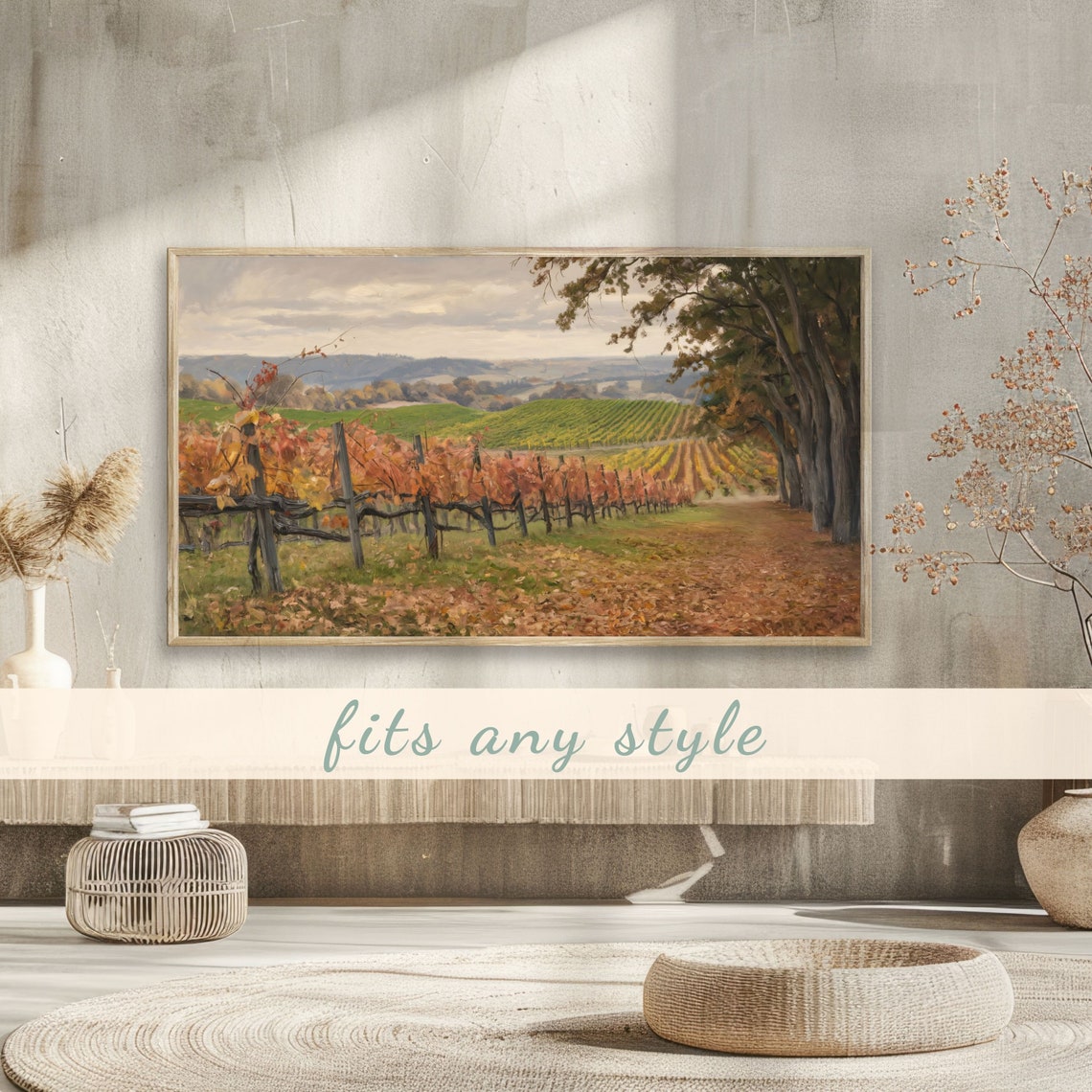 Autumn Vineyard Rows Golden Rolling Hills Rustic Landscape Poster - Image 3