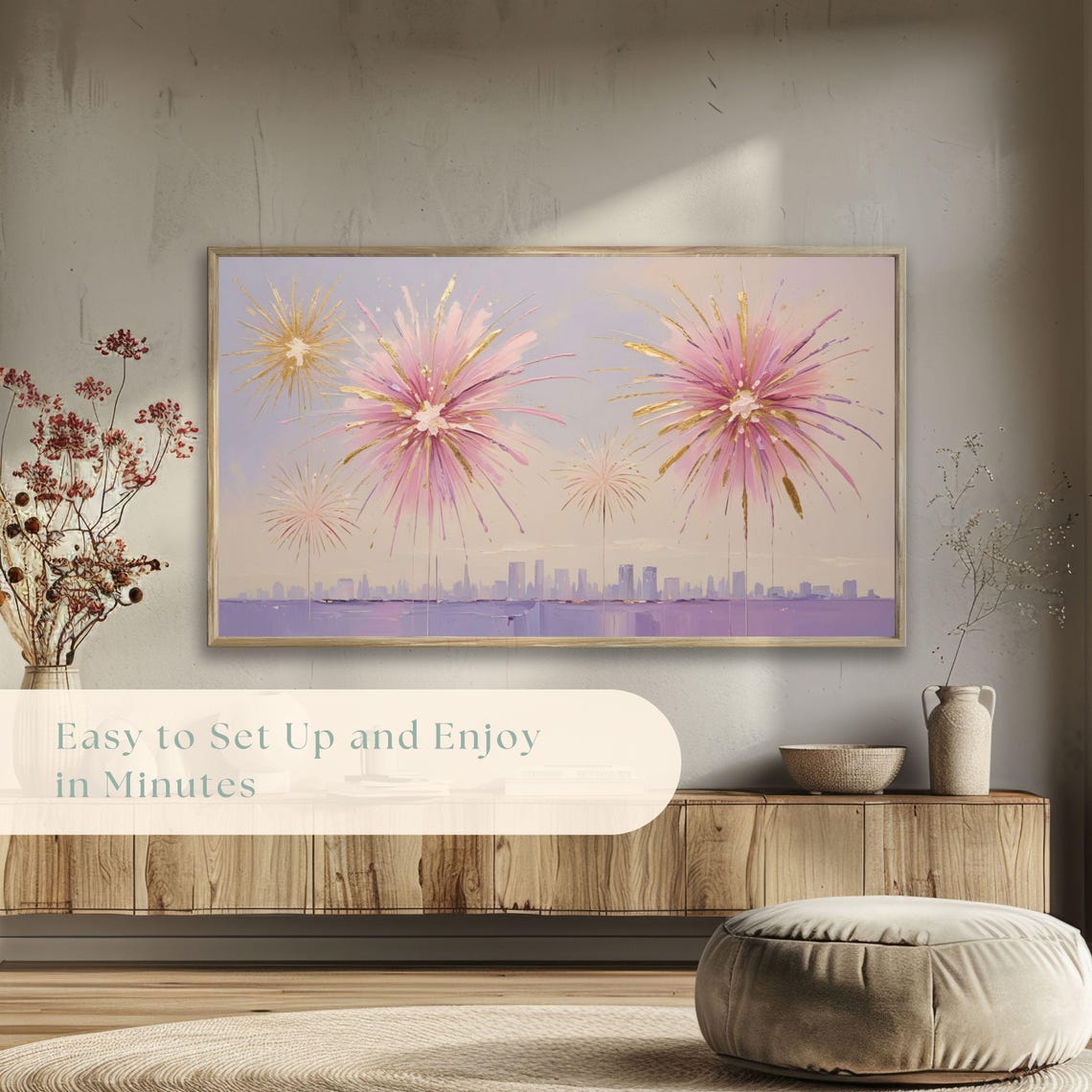 Pink Gold Fireworks City Skyline Celebration Painting Poster - Image 5