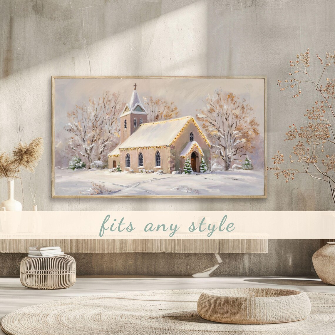 Frame Tv Art Christmas Frame Tv Art 4k Vintage Landscape Painting Snowy Countryside Church Tv Wallpaper - Image 3