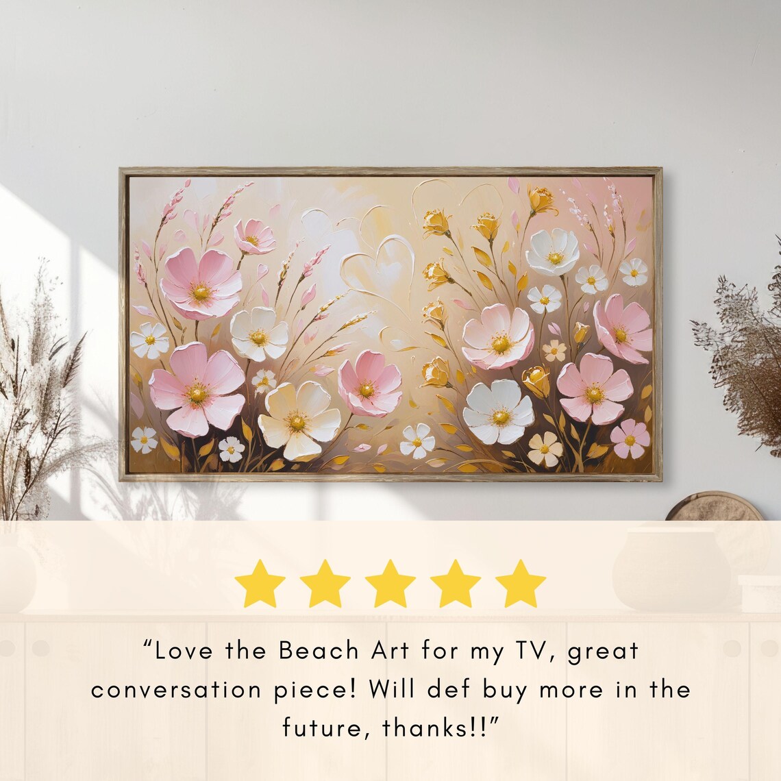 Pink White Cosmos Wildflowers Gold Heart Floral Painting Poster - Image 2