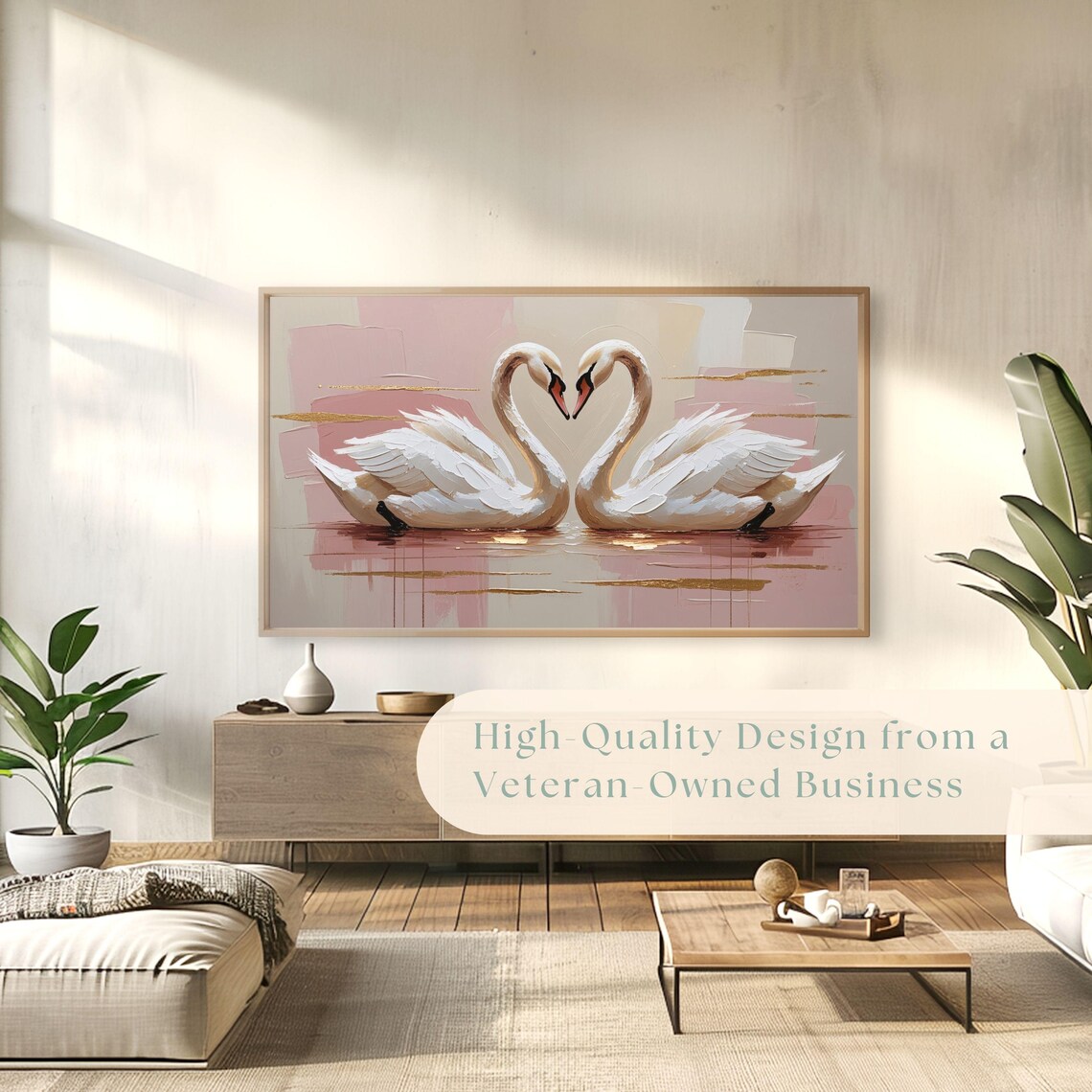 White Swans Heart Necks Romantic Pink Floral Painting Poster - Image 4