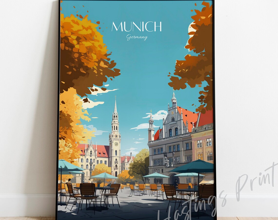 Munich Germany Autumn Cafe Square Old Town Europe Travel Poster