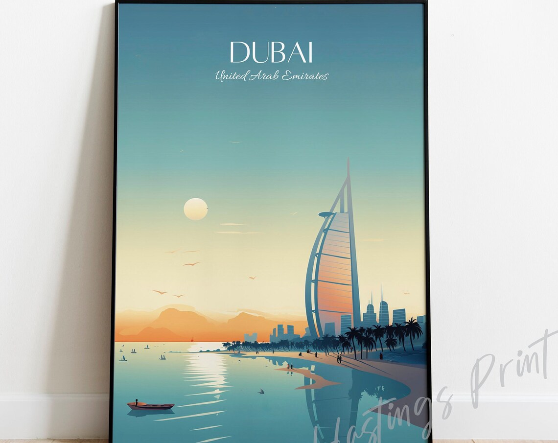 Dubai United Arab Emirates Sunrise Seaside Vintage Travel Poster