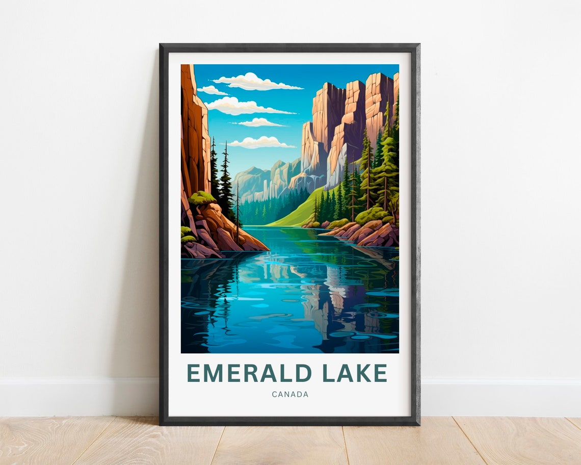 Emerald Lake Canada Towering Cliffs Pine Shores Travel Poster