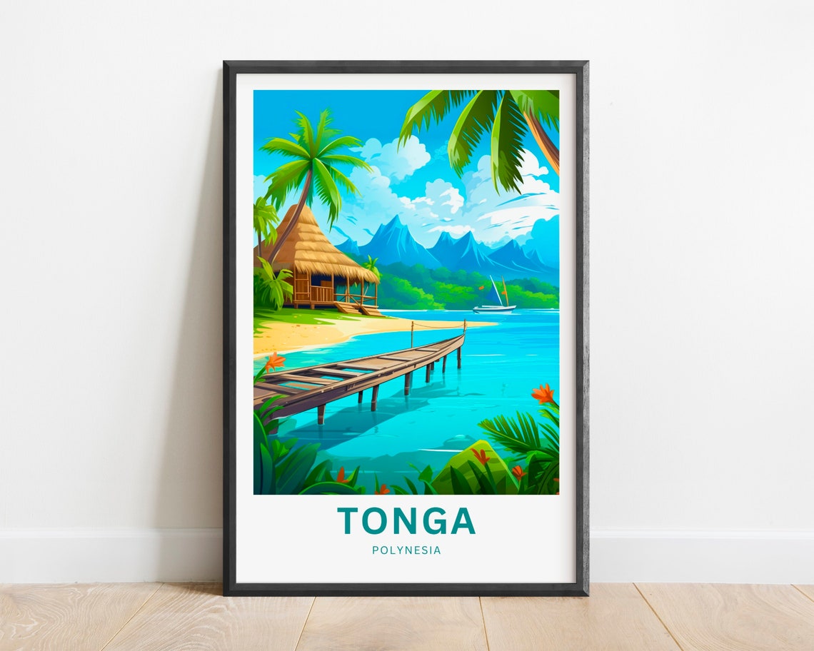 Tonga Polynesia Beach Hut Pier Sailboat Lagoon Travel Poster