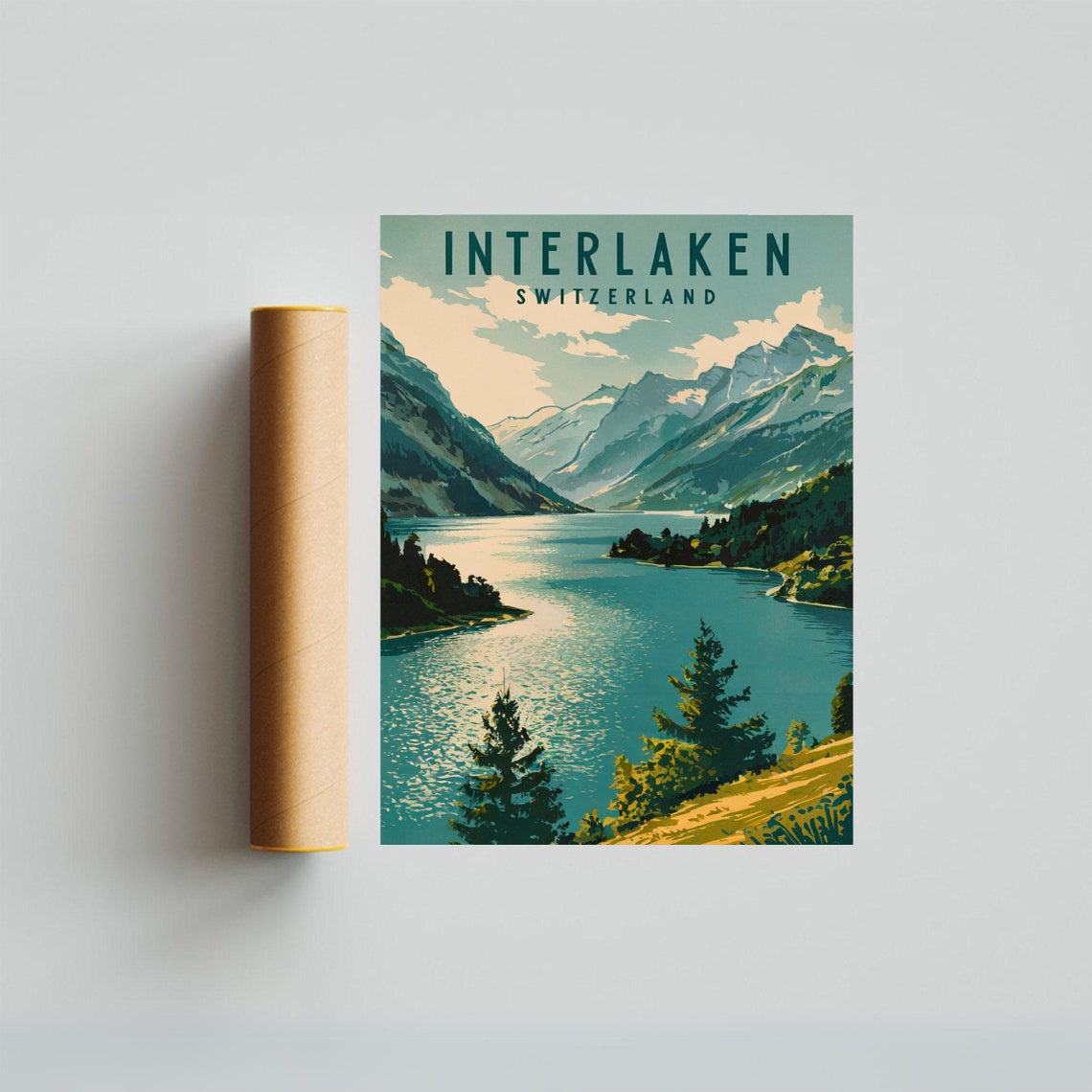 Interlaken Switzerland Alpine Lake Peaks Panoramic Travel Poster - Image 3