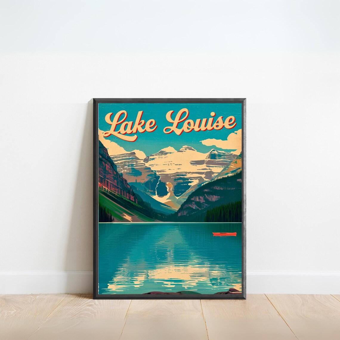 Lake Louise Red Canoe Turquoise Lake Glacier Peaks Vintage Poster