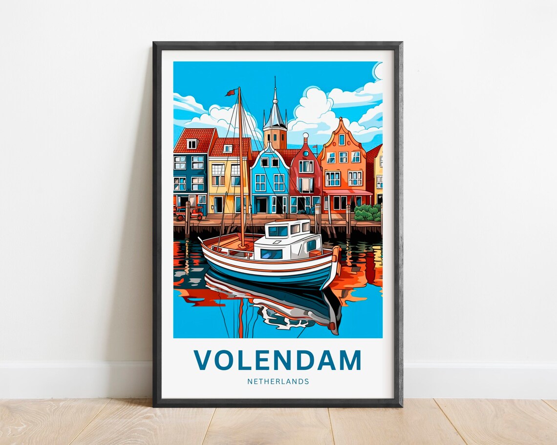 Volendam Fishing Boat Dutch Village Church Tower Travel Poster Art