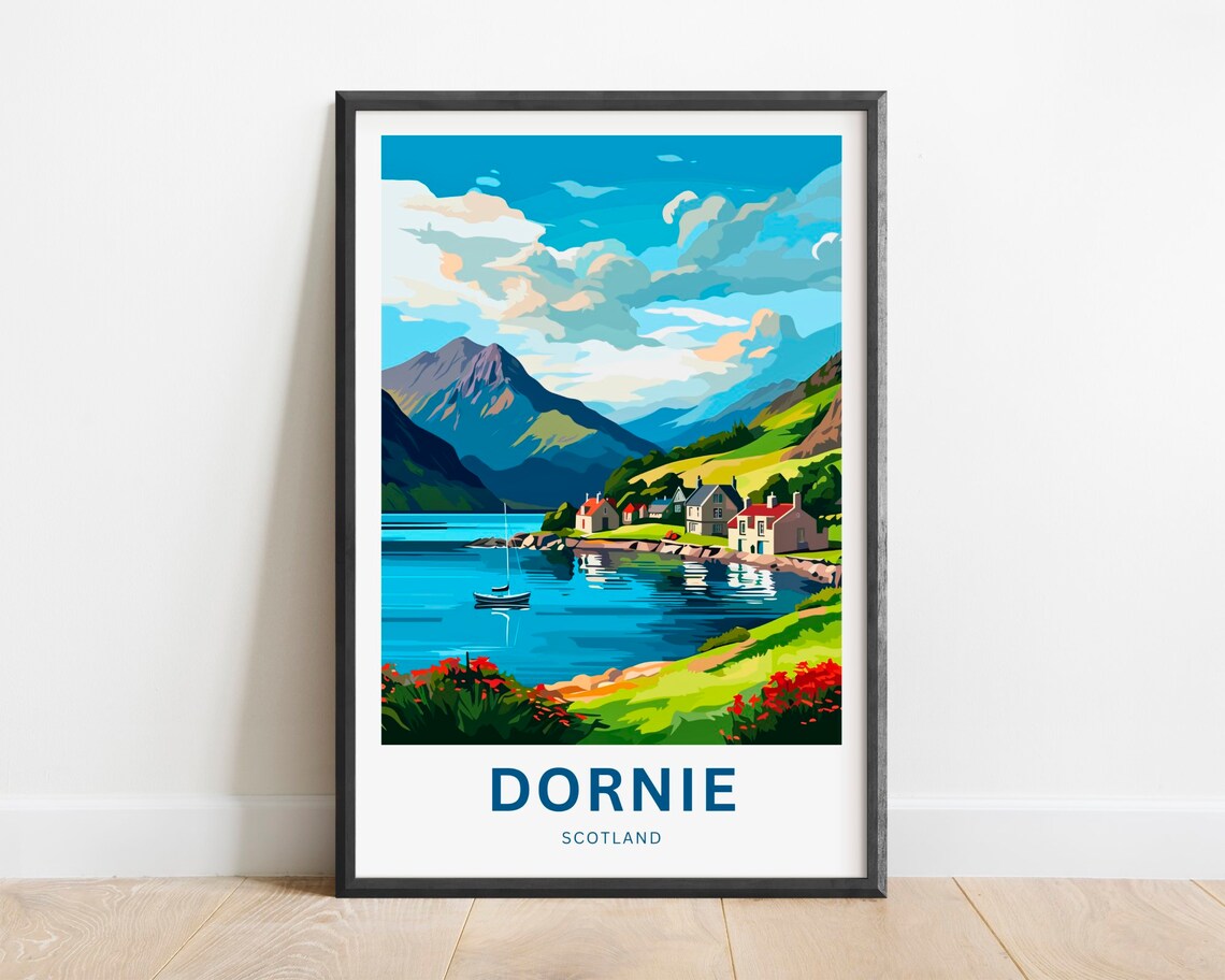 Dornie Scotland Loch Village Red Roof Sailboat Mountain Poster