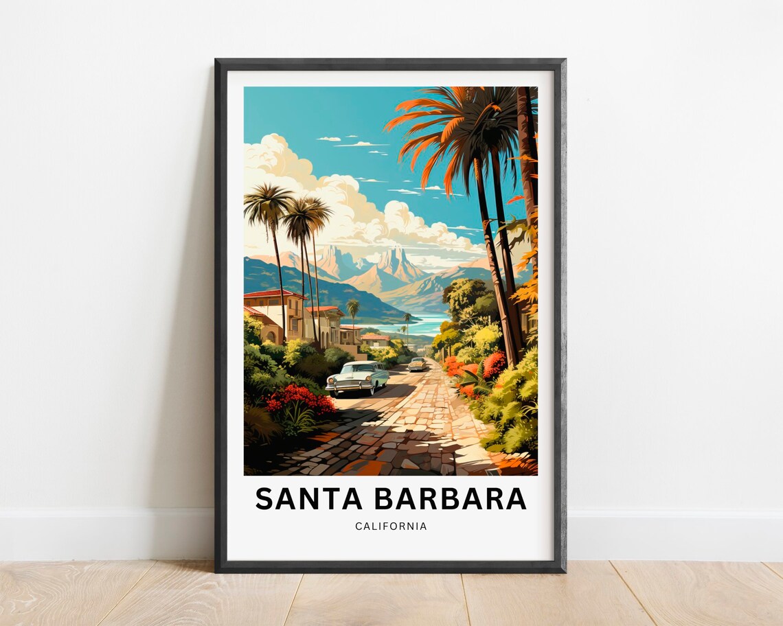 Santa Barbara California Palm Lined Street Vintage Cars Travel Poster