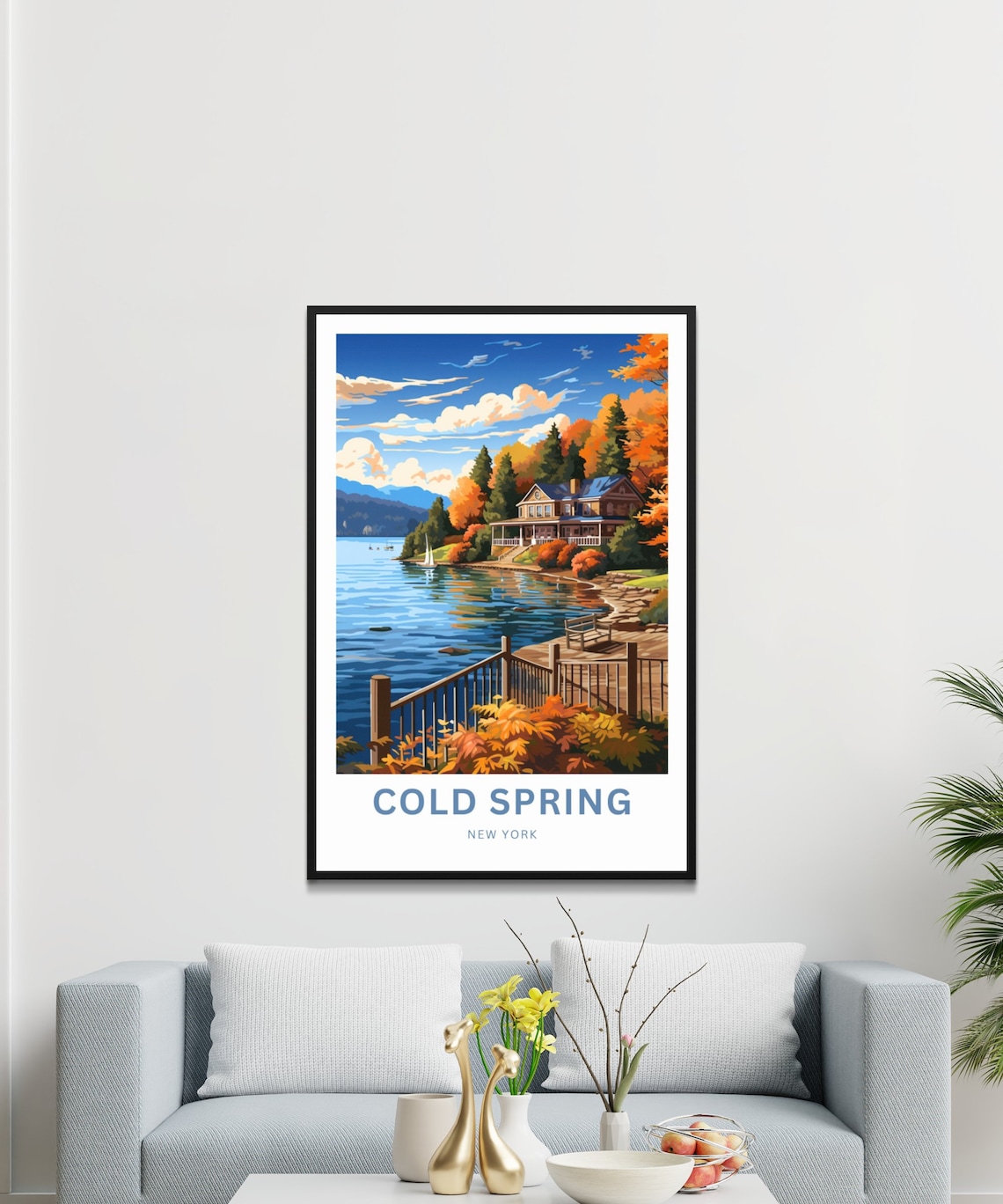 Cold Spring New York Autumn Lake Sailboat Lakeside House Travel Poster - Image 2