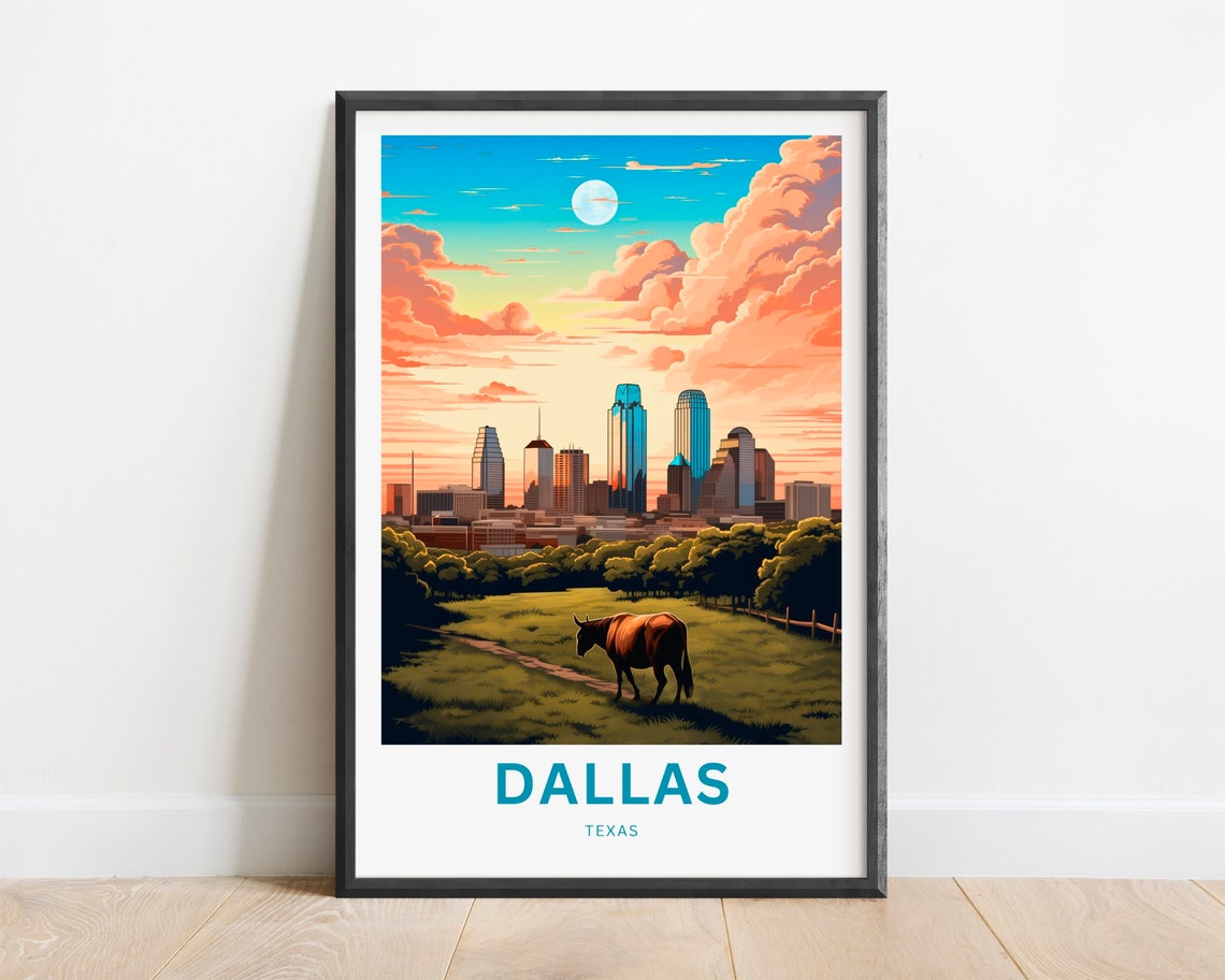 Dallas Texas Skyline Cattle Field Moonlit Night Travel Poster