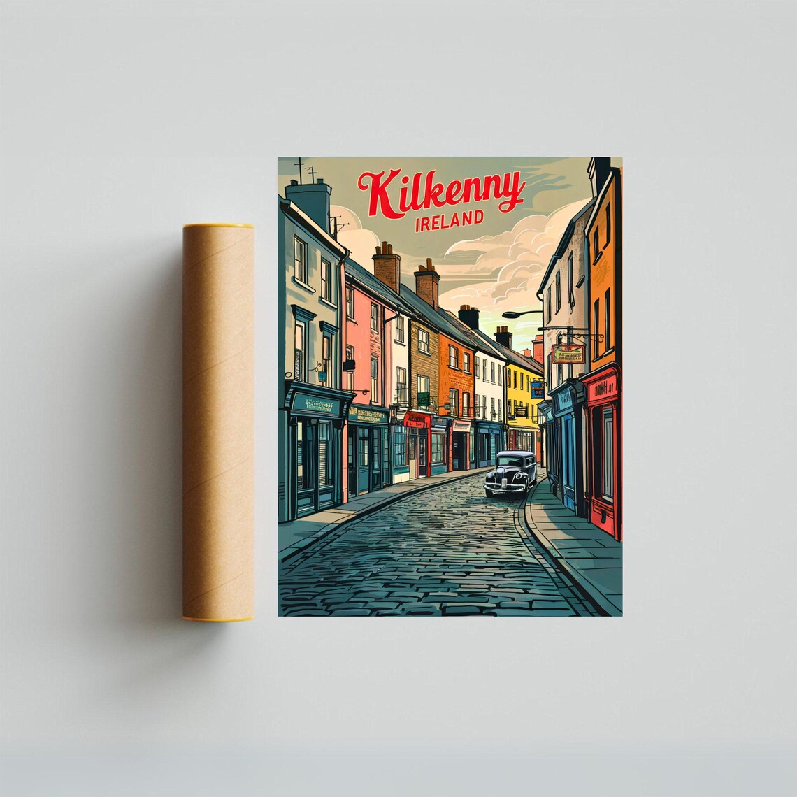 Kilkenny Ireland Cobblestone Street Shops Vintage Travel Poster - Image 4