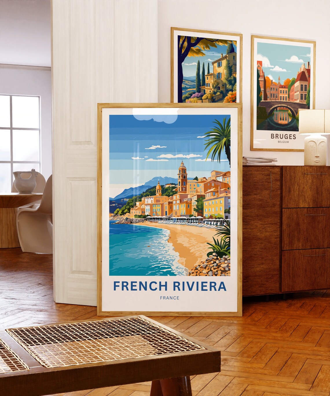 French Riviera France Travel Poster Sandy Beach Old Town Tower Art - Image 5