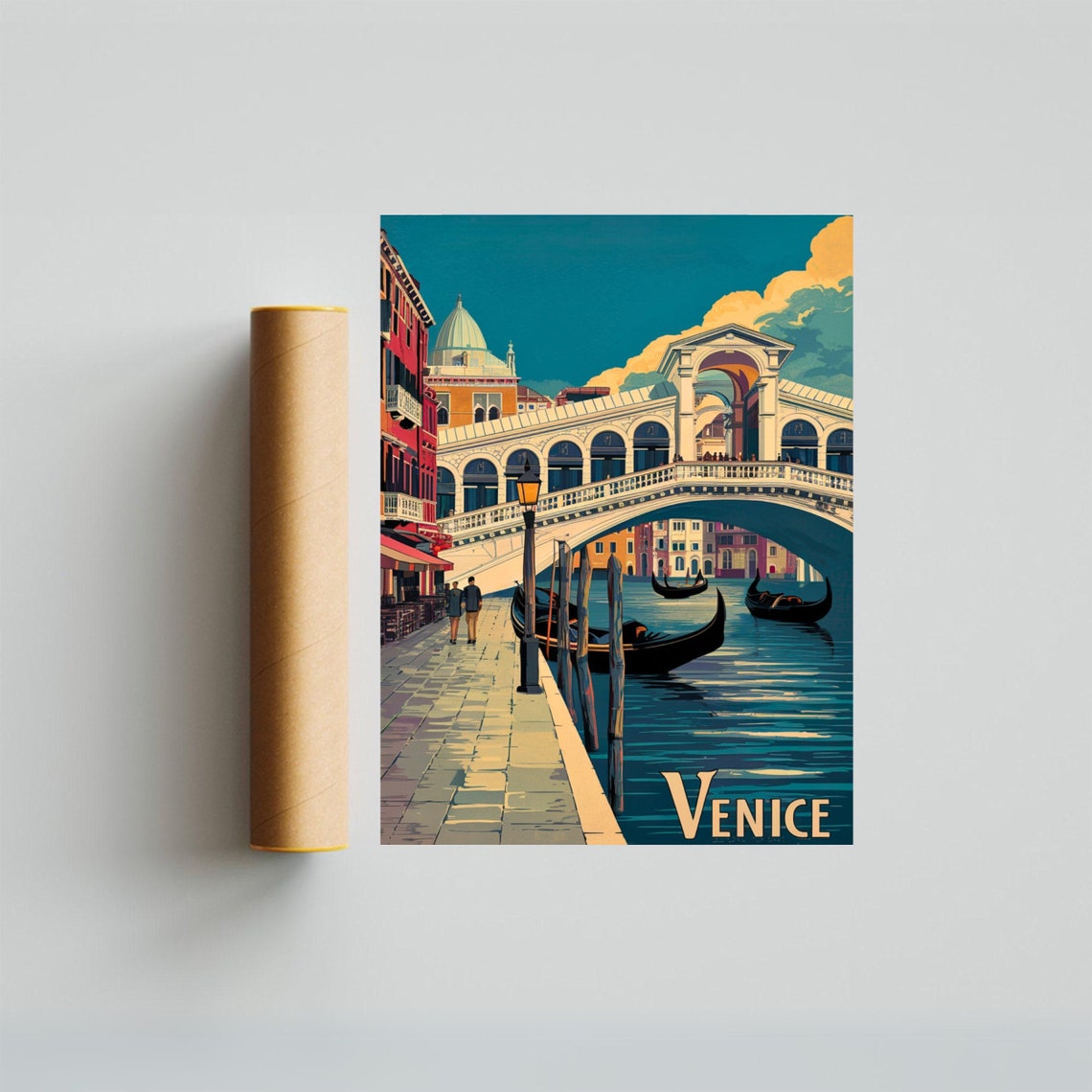 Venice Grand Canal Rialto Bridge Gondolas Evening Retro Travel Poster - Image 3