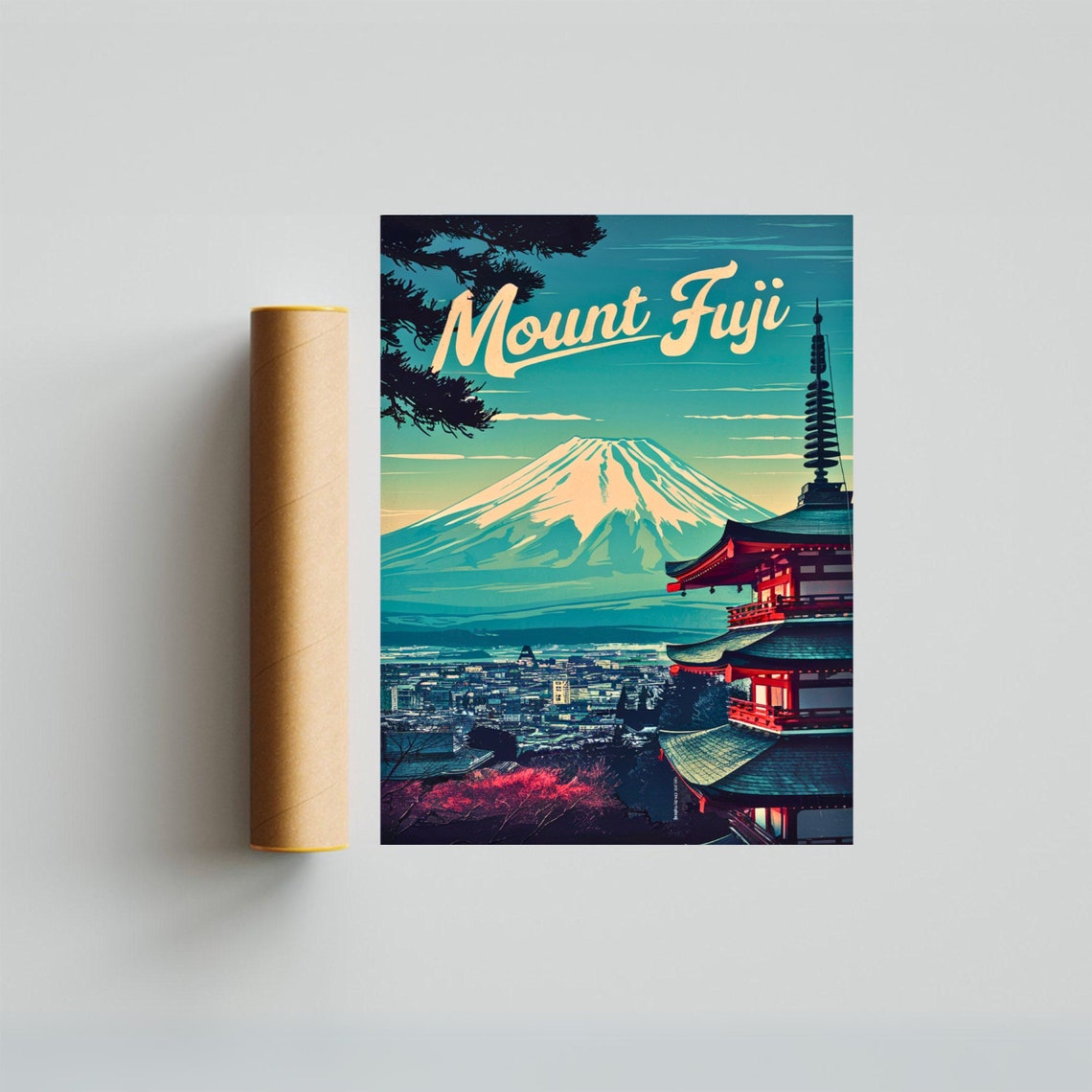Mount Fuji Japan Cream Script Pagoda Cherry Blossom Travel Poster - Image 3