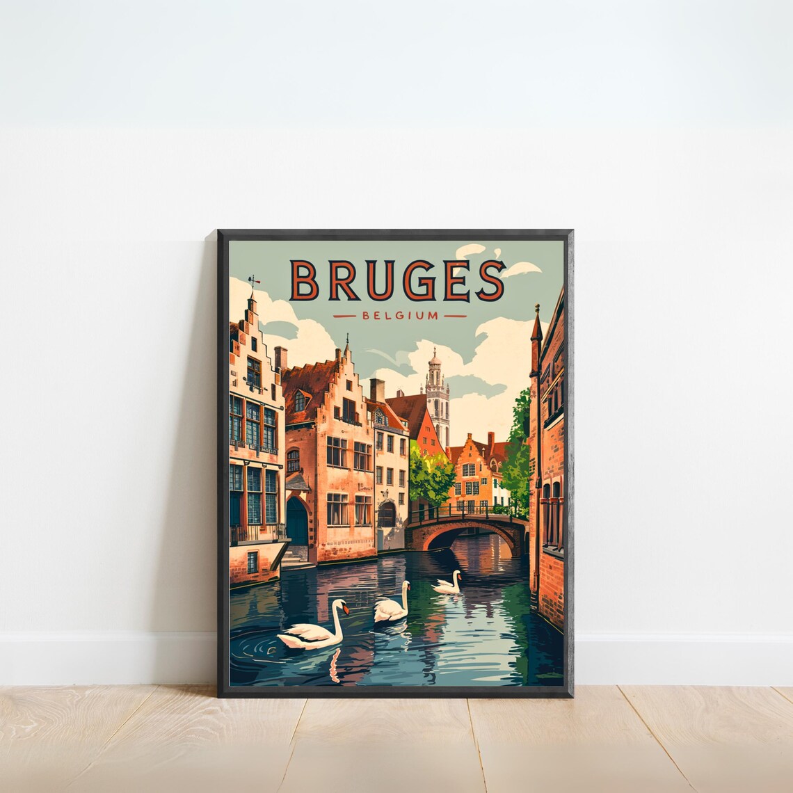 Bruges Belgium Canal Swans Historic Bridge Vintage Travel Poster