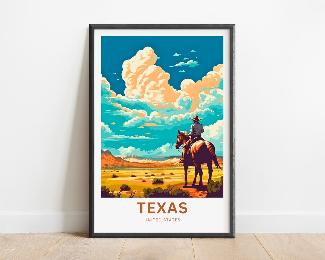 Texas Cowboy On Horseback Desert Sunset Clouds Travel Art Poster