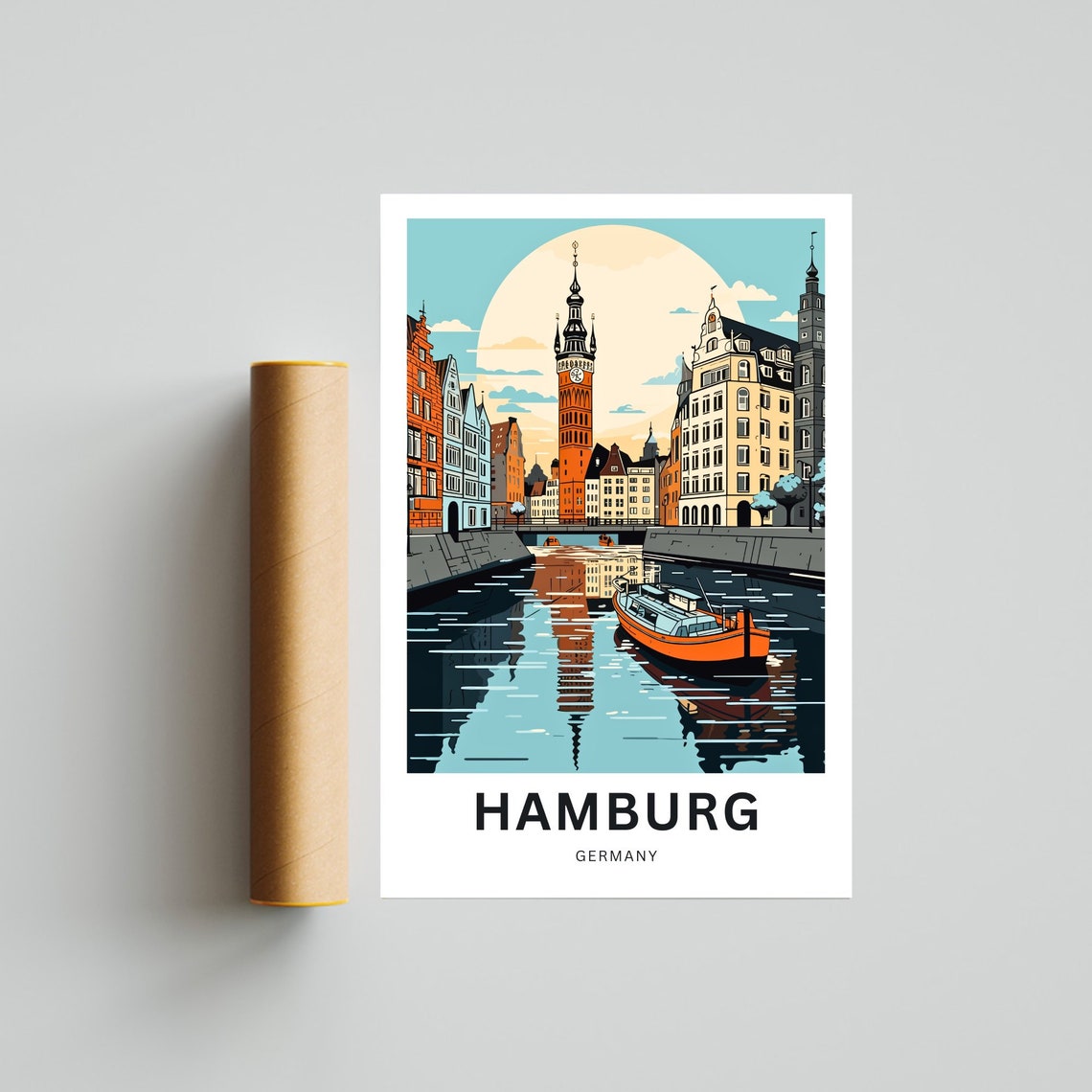 Hamburg Germany Sophisticated Clock Tower Canal Views Poster - Image 4