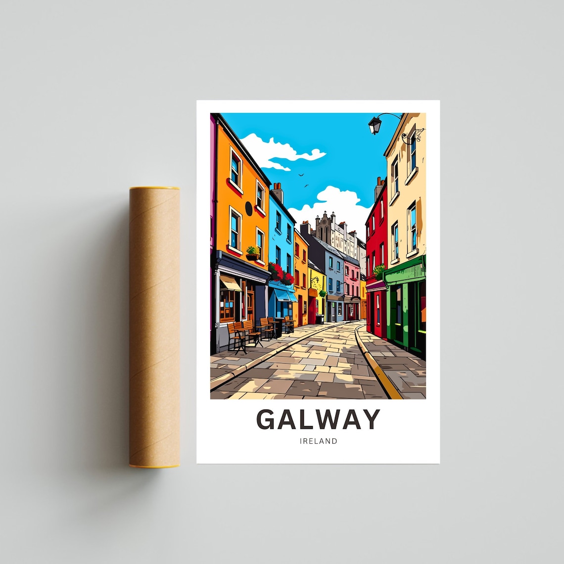 Galway Ireland Vibrant Old Town Cafe Street in Bright Colors Poster - Image 4