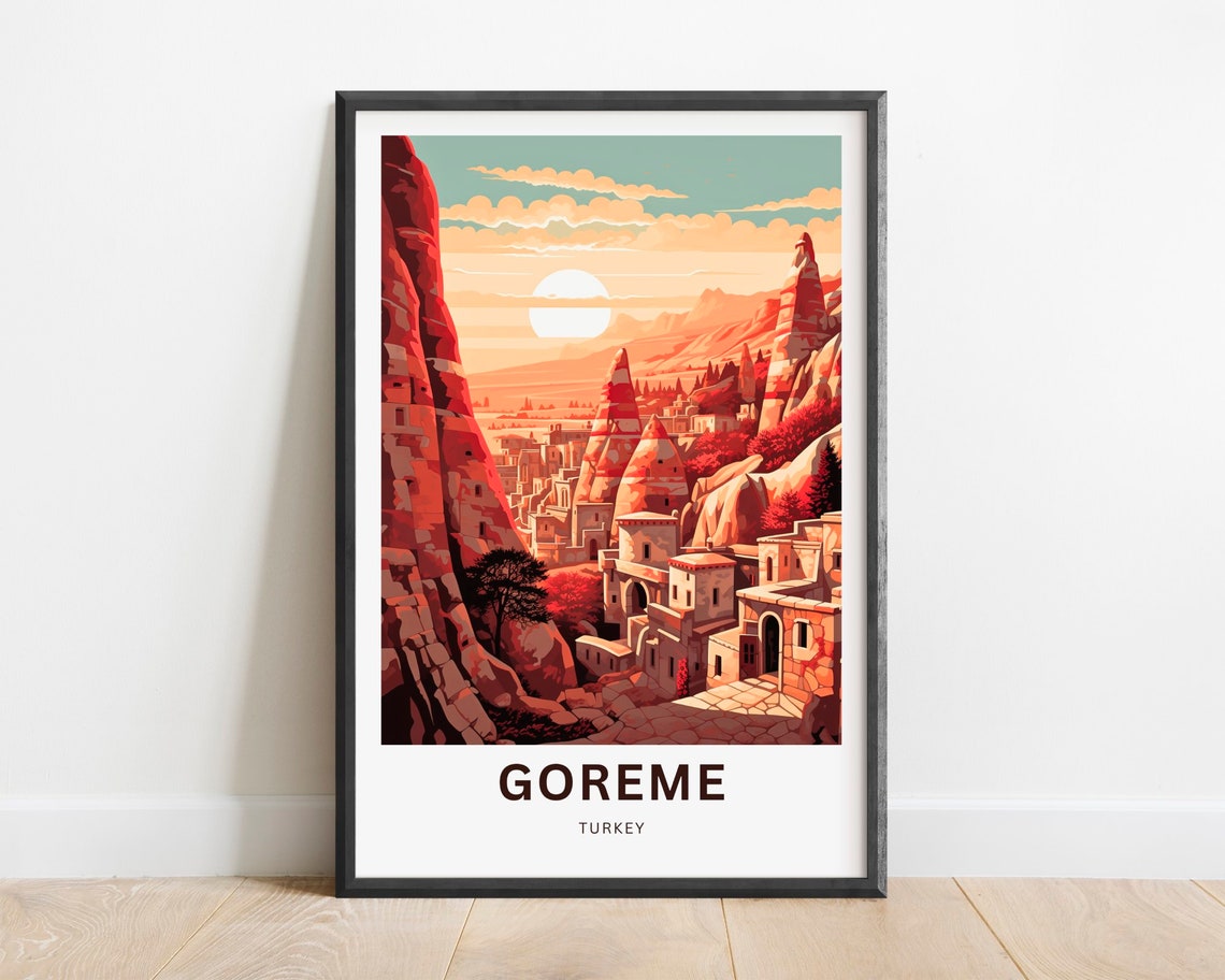 Goreme Turkey Travel Poster Cappadocia Fairy Chimneys Sunset Canyon